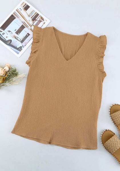 Khaki Gauze ruffle sleeve top